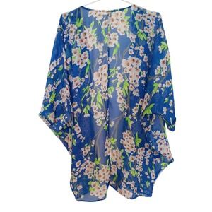 Womens Blue Floral Cherry Blossom Sheer Kimono‎ Cardigan Cover Up Size Large